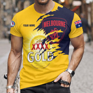 Auspiritmerch Melbourne Demons x XXXX Gold Beer Custom Name T-Shirt Gift For Fan