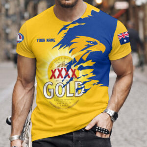 Auspiritmerch West Coast Eagles x XXXX Gold Beer Custom Name T-Shirt Gift For Fan