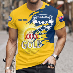 Auspiritmerch Geelong Cats x XXXX Gold Beer Custom Name T-Shirt Gift For Fan
