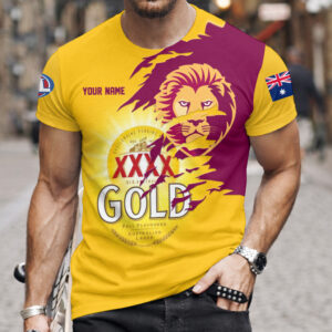 Auspiritmerch Brisbane Lions x XXXX Gold Beer Custom Name T-Shirt Gift For Fan