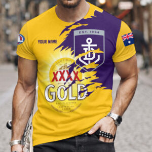 Auspiritmerch Fremantle Dockers x XXXX Gold Beer Custom Name T-Shirt Gift For Fan