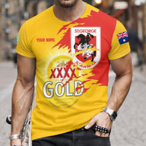 Auspiritmerch St. George Illawarra Dragons x XXXX Gold Beer Custom Name T-Shirt Gift For Fan