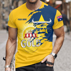 Auspiritmerch North Queensland Cowboys x XXXX Gold Beer Custom Name T-Shirt Gift For Fan