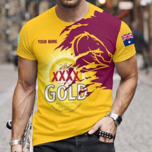 Auspiritmerch Brisbane Broncos x XXXX Gold Beer Custom Name T-Shirt Gift For Fan