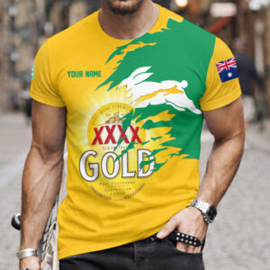 Auspiritmerch South Sydney Rabbitohs x XXXX Gold Beer Custom Name T-Shirt Gift For Fan