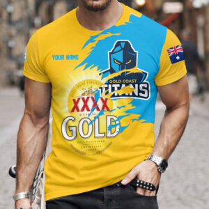 Auspiritmerch Gold Coast Titans x XXXX Gold Beer Custom Name T-Shirt Gift For Fan