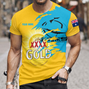 Auspiritmerch Cronulla-Sutherland Sharks x XXXX Gold Beer Custom Name T-Shirt Gift For Fan