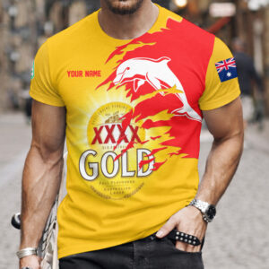 Auspiritmerch Redcliffe Dolphins x XXXX Gold Beer Custom Name T-Shirt Gift For Fan