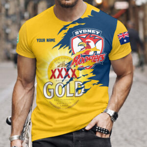 Auspiritmerch Sydney Roosters x XXXX Gold Beer Custom Name T-Shirt Gift For Fan