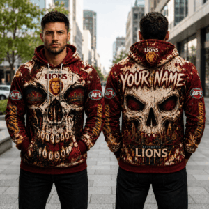 Auspiritmerch Brisbane Lions Skull Hoodie Custom Name Gifts For Fan