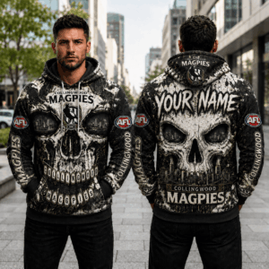 Auspiritmerch Collingwood Magpies Skull Hoodie Custom Name Gifts For Fan