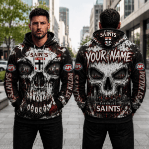 Auspiritmerch St Kilda Saints Skull Hoodie Custom Name Gifts For Fan