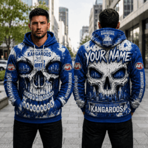 Auspiritmerch North Melbourne Kangaroos Skull Hoodie Custom Name Gifts For Fan
