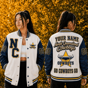 Auspiritmerch North Queensland Cowboys Baseball Jacket Custom Name & Number Gift For Fan