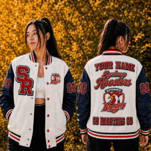 Auspiritmerch Sydney Roosters Baseball Jacket Custom Name & Number Gift For Fan