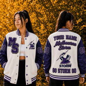 Auspiritmerch Melbourne Storm Baseball Jacket Custom Name & Number Gift For Fan