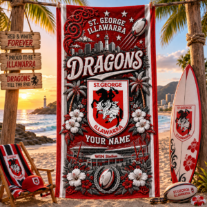 Auspiritmerch St George Illawarra Dragons Premium Bath/ Beach Towel Personalized Gift For Fan