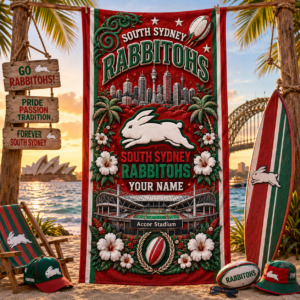 Auspiritmerch South Sydney Rabbitohs Premium Bath/ Beach Towel Personalized Gift For Fan