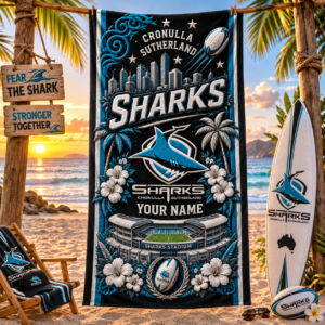 Auspiritmerch Cronulla-Sutherland Sharks Premium Bath/ Beach Towel Personalized Gift For Fan