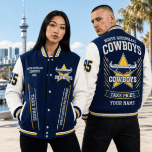 Auspiritmerch North Queensland Cowboys Baseball Jacket Custom Name & Number Gift For Fan