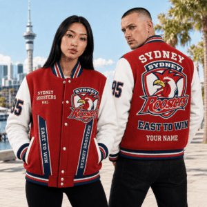 Auspiritmerch Sydney Roosters Baseball Jacket Custom Name & Number Gift For Fan