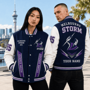 Auspiritmerch Melbourne Storm Baseball Jacket Custom Name & Number Gift For Fan