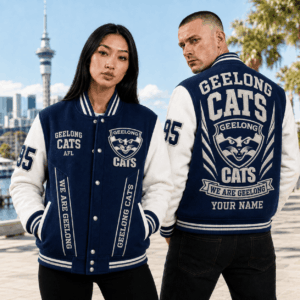 Auspiritmerch Geelong Cats Baseball Jacket Custom Name & Number Gift For Fan