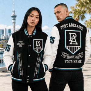 Auspiritmerch Port Adelaide Power Baseball Jacket Custom Name & Number Gift For Fan