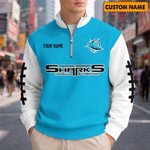 Auspiritmerch Cronulla-Sutherland Sharks Quarter Zip Sweatshirt Custom Name Gifts For Fan