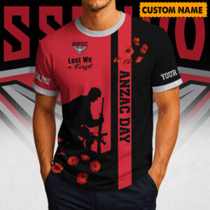 Auspiritmerch Essendon x Australia Anzac Day Lest We Forget T-Shirt Custom Name Gift For Fan