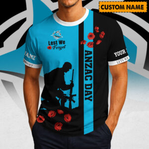 Auspiritmerch Cronulla-Sutherland Sharks x Australia Anzac Day Lest We Forget T-Shirt Custom Name Gift For Fan
