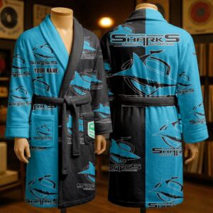 Auspiritmerch Cronulla-Sutherland Sharks Fleece Bathrobe Custom Name Gift For Fan