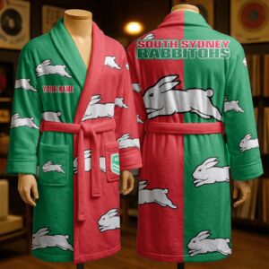 Auspiritmerch South Sydney Rabbitohs Fleece Bathrobe Custom Name Gift For Fan