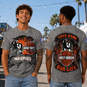 Auspiritmerch Collingwood Magpies x Harley Davidson T-Shirt Custom Name Gift For Fan