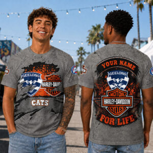 Auspiritmerch Geelong Cats x Harley Davidson T-Shirt Custom Name Gift For Fan
