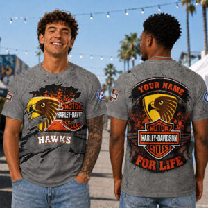 Auspiritmerch Hawthorn Hawks x Harley Davidson T-Shirt Custom Name Gift For Fan