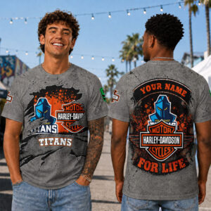 Auspiritmerch Gold Coast Titans x Harley Davidson T-Shirt Custom Name Gift For Fan