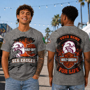 Auspiritmerch Manly Warringah Sea Eagles x Harley Davidson T-Shirt Custom Name Gift For Fan