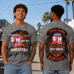 Auspiritmerch Sydney Roosters x Harley Davidson T-Shirt Custom Name Gift For Fan