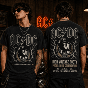 Auspiritmerch Collingwood Magpies x ACDC Washed T-Shirt Gift For Fan