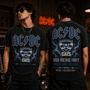 Auspiritmerch Geelong Cats x ACDC Washed T-Shirt Gift For Fan