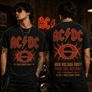 Auspiritmerch Gold Coast Suns x ACDC Washed T-Shirt Gift For Fan