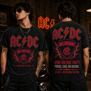 Auspiritmerch Melbourne Demons x ACDC Washed T-Shirt Gift For Fan