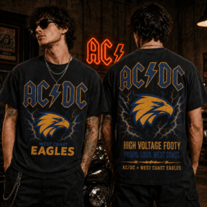 Auspiritmerch West Coast Eagles x ACDC Washed T-Shirt Gift For Fan