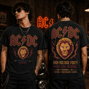 Auspiritmerch Brisbane Lions x ACDC Washed T-Shirt Gift For Fan