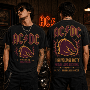 Auspiritmerch Brisbane Broncos x ACDC Washed T-Shirt Gift For Fan