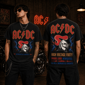 Auspiritmerch Newcastle Knights x ACDC Washed T-Shirt Gift For Fan
