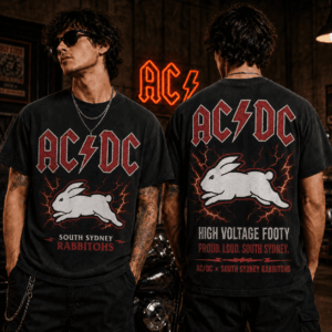 Auspiritmerch South Sydney Rabbitohs x ACDC Washed T-Shirt Gift For Fan