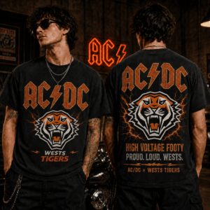 Auspiritmerch Wests Tigers x ACDC Washed T-Shirt Gift For Fan