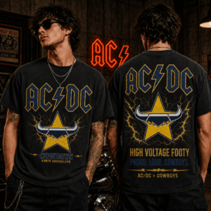 Auspiritmerch North Queensland Cowboys x ACDC Washed T-Shirt Gift For Fan